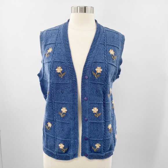 Vintage Tulchan Blue Floral Embroidered Sweater Vest Size Large L - Picture 1 of 10